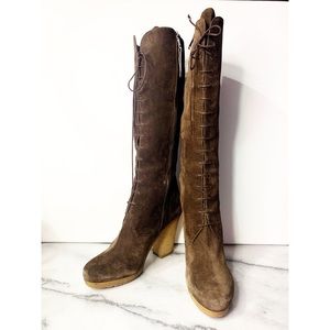 New with box Prada Suede Brown Lace-up Knee High Boots Size US11 EU41